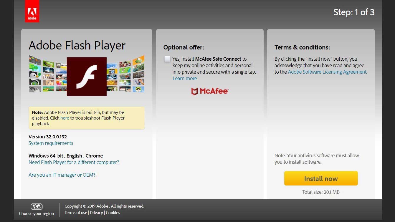 Download Screen(Adobe Website) for windows(Install Flash)