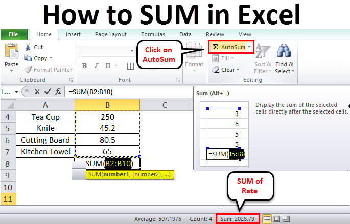 alt enter excel sum