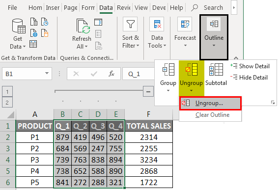 Ungrouping Columns in Excel 1