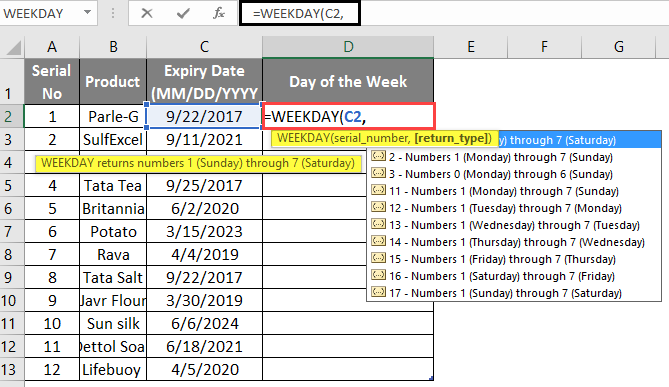WEEKDAY Formula in excel example 1-4