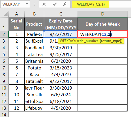 WEEKDAY Formula in excel example 1-5
