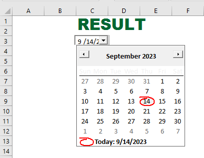 calendar in Excel result
