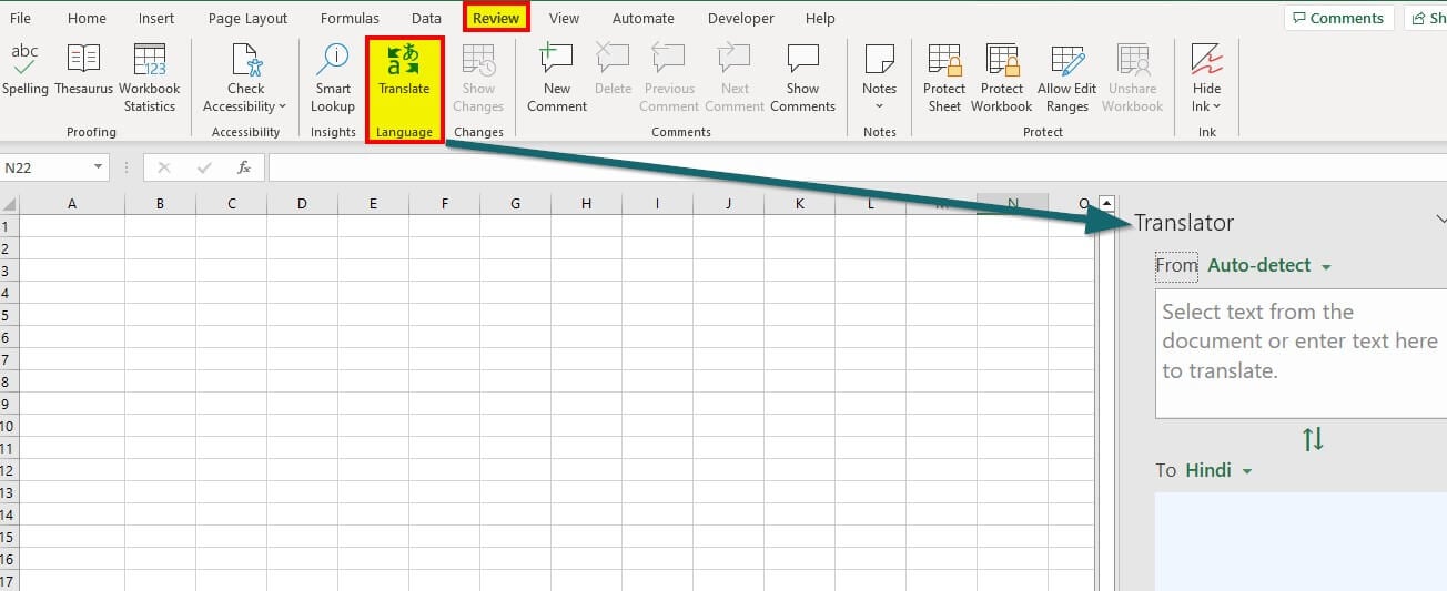 Translate in Excel-Example 1 step 1