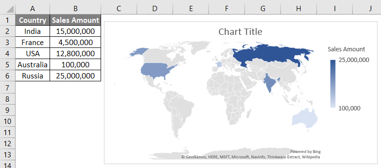 Map Chart in excel example- Step 6
