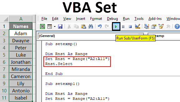 Команда set vba excel