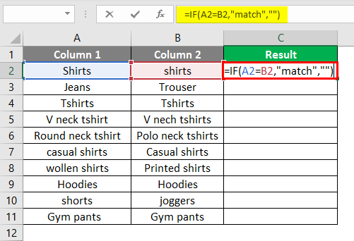 matching column in excel example 2-2