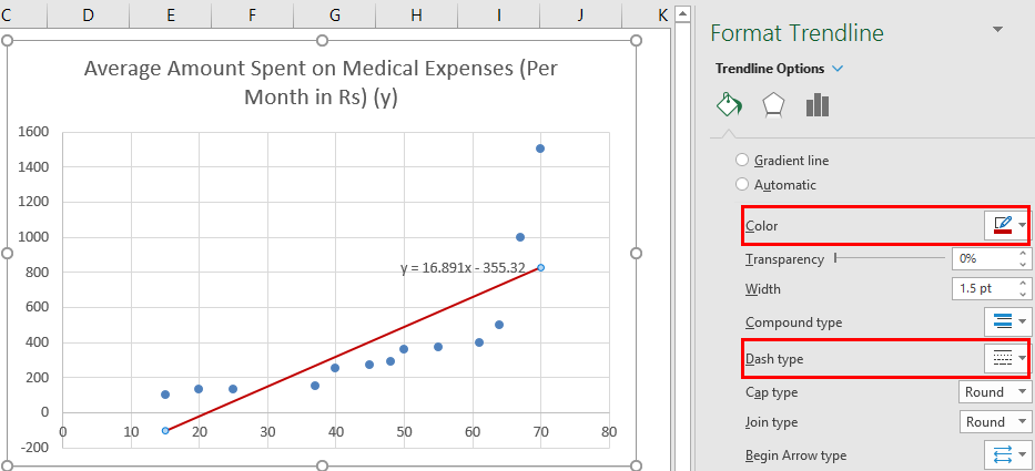 Linear Regression in Excel example 1-8