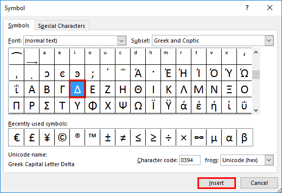 Symbole delta dans Excel 1.4