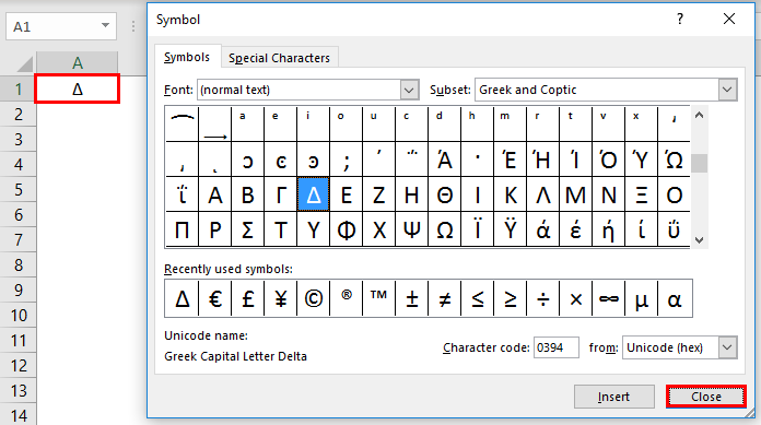 Símbolo delta en Excel 1.5