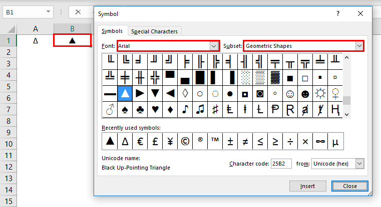 Symbol delty w Excelu 1.6