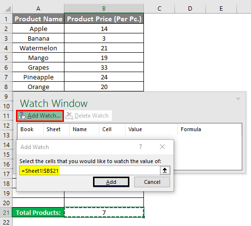 how do you set up a watch window in excel for mac