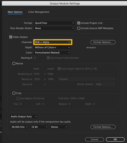 output module setting (Transparent Background In After Effects)