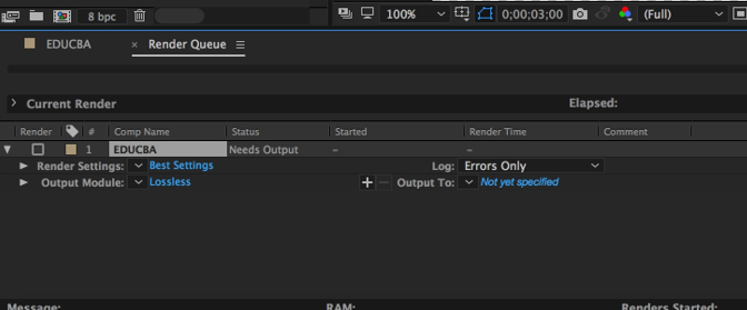 render queue tab