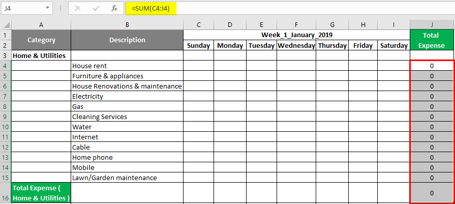 expense tracker excel formulas