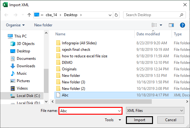 excel import xml example