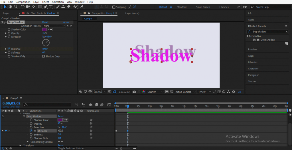 drop shadow after effects object