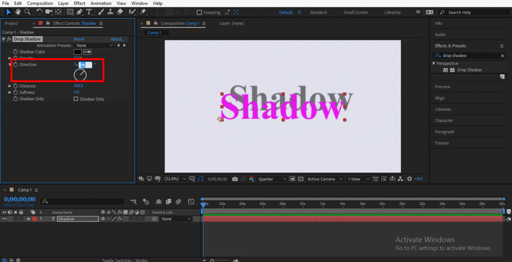 after effects drop shadow size
