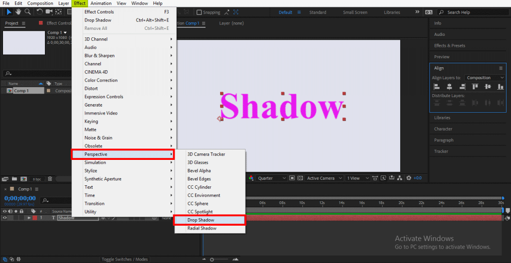 add text effects drop shadow after effects