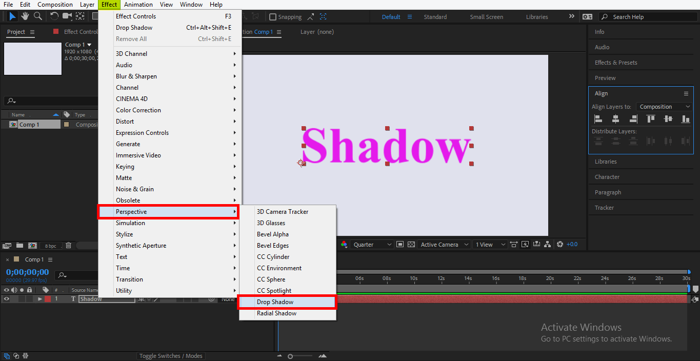 add drop shadow to layer after effects