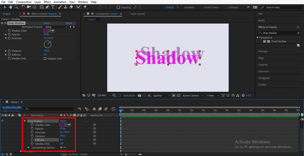create 3d drop shadow in after effects
