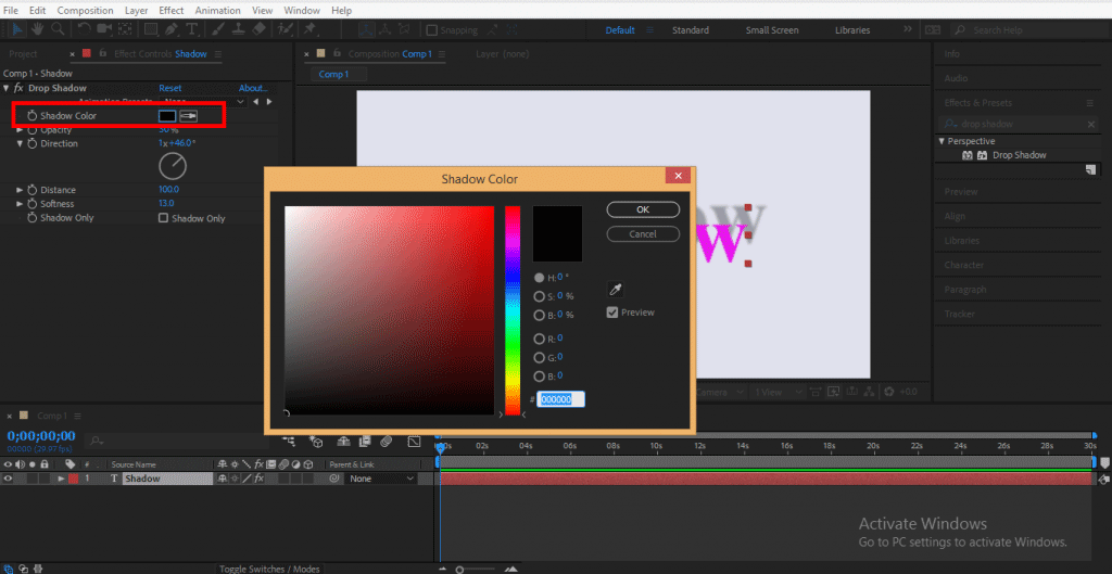 after effects drop shadow color not changing