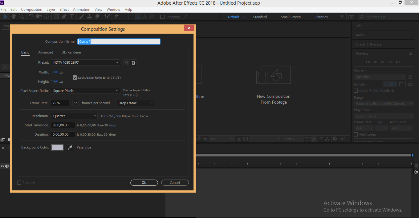 Export în After Effects 4 Dialog Setare compoziție