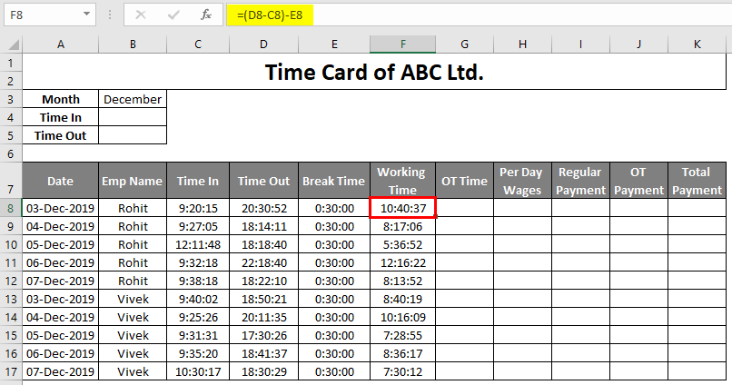 Timecard Template in Excel | Recording Data Using Timecard Template