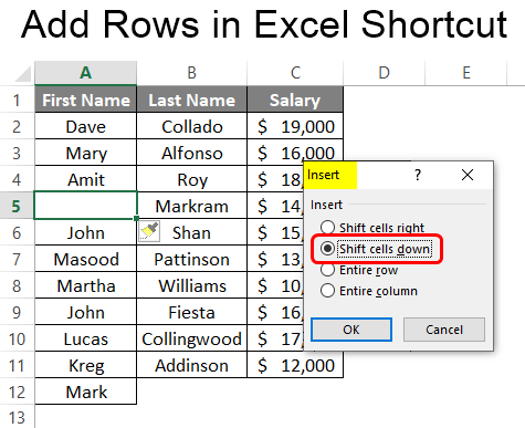 excel shortcut for highlighting row