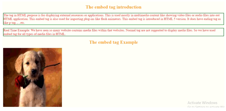 embed tag in html output 1