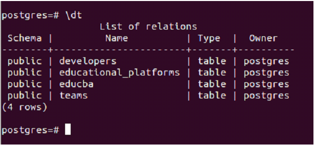 postgres database using \dt command