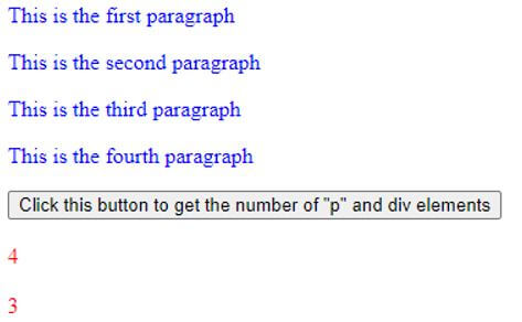 “Click this button to get the number of "p" and div elements” button