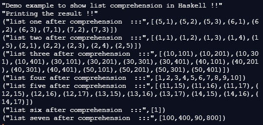 Haskell list comprehension output 1