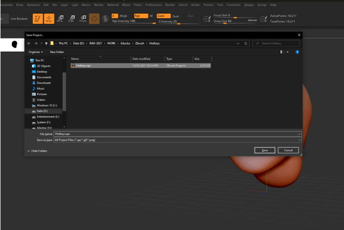 save hotkey zbrush