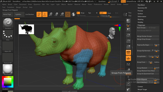 asigning different polygrops materials zbrush