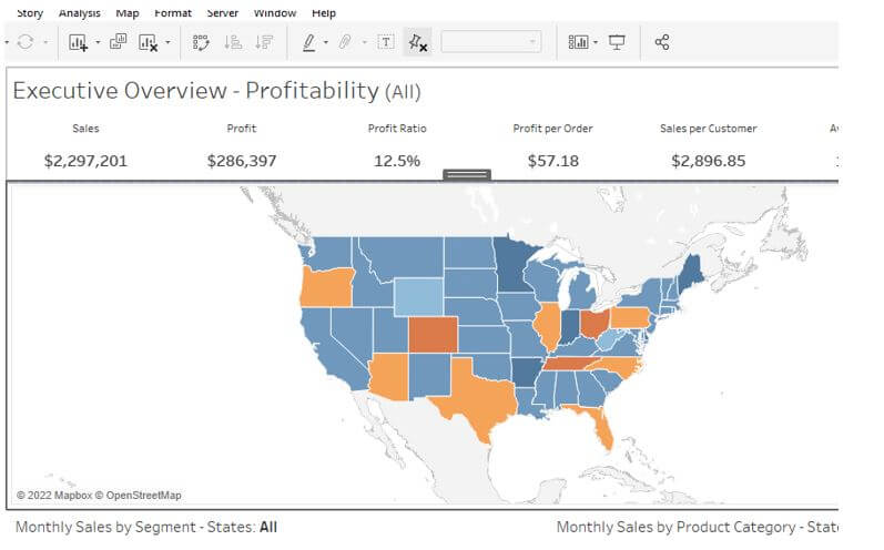 Tableau Map - Executive Overview Profitability