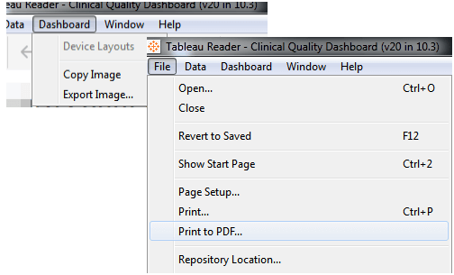 Tableau Reader - Select file> Print to PDF