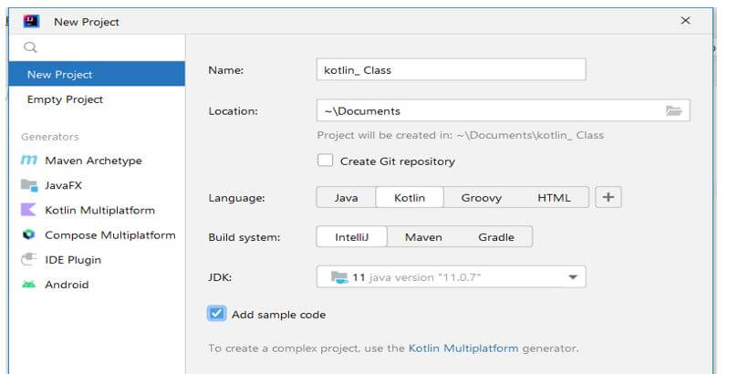 new project in kotlin name as kotlin_Class by using the Intellij idea