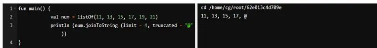 how we are using the joinToString function with limit and truncated