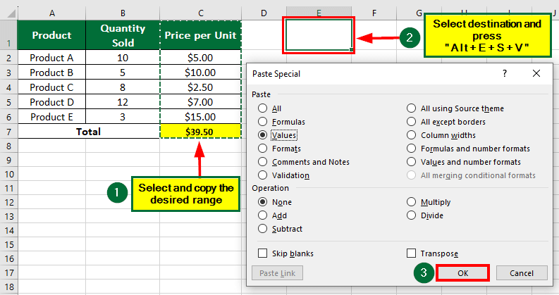 Paste Special shortcut in excel-Paste Values 2