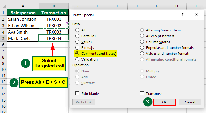 Paste Special Shortcut in Excel-Comments 2