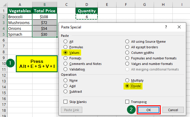 Paste Special Shortcut in Excel-Divide 2