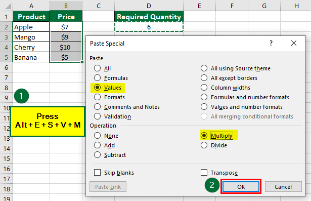 Paste Special Shortcut in Excel-Paste Values and Multiply 3