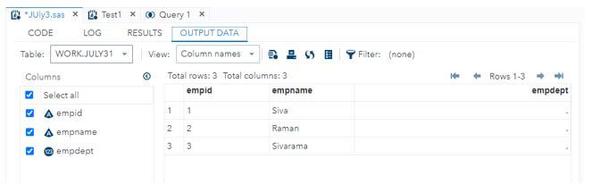 created the dataset with three defined column attributes