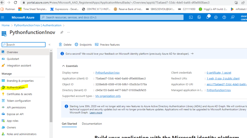 Select Azure Functions Authentication