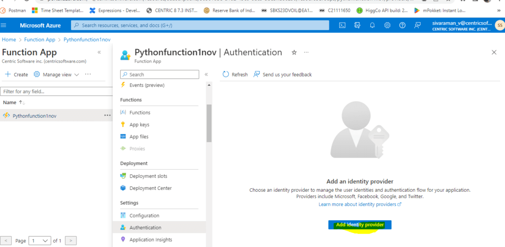 Azure Functions Authentication Identity Provider