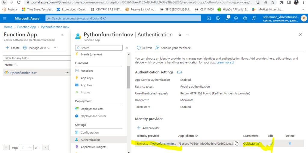 Azure Functions Authentication Next Tab