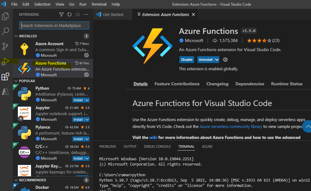 Install Azure Functions Python