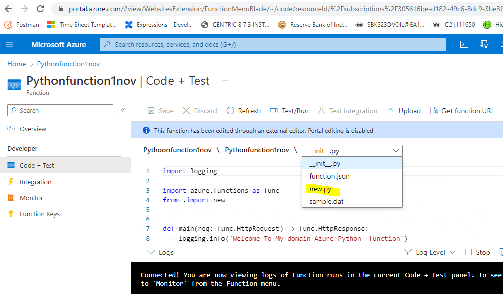 Azure Functions Python - File in dropdown