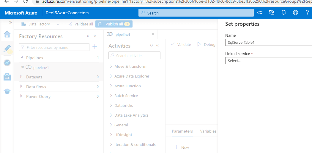 Azure Data Factory Connectors Properties