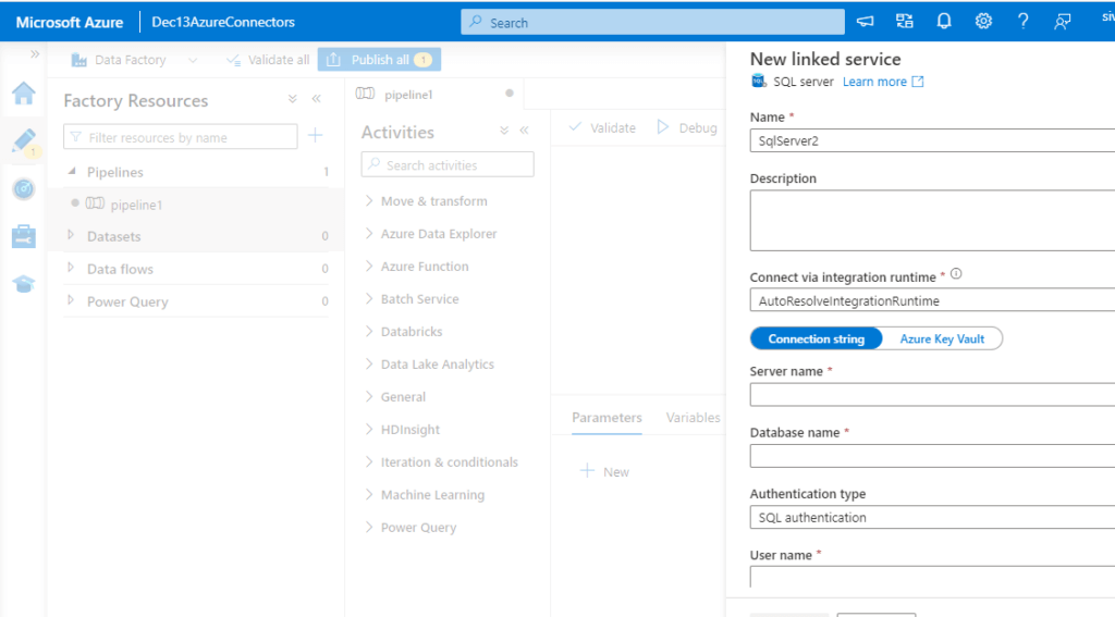 Azure Data Factory Connectors | Parameters to do Additional Services